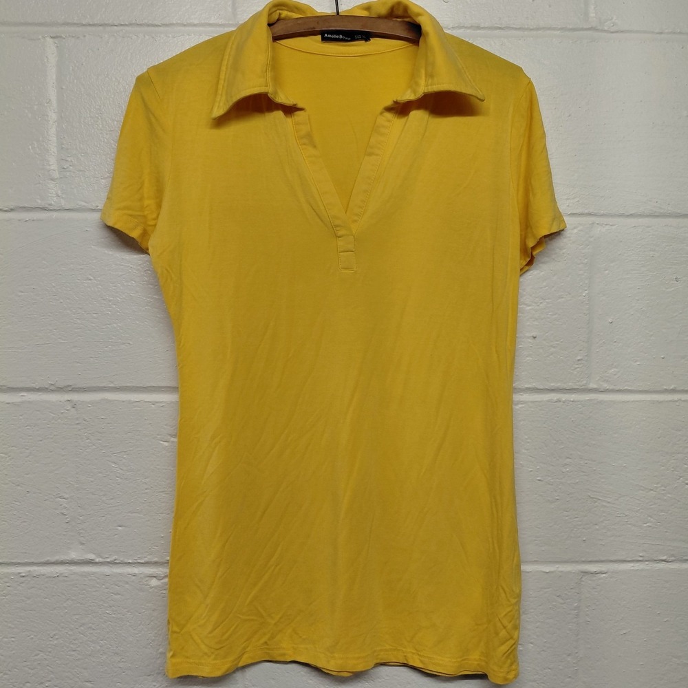 Amelie Boutik Womens Bright Yellow V-neck Polo Shirt Short Sleeve Collar Size XL